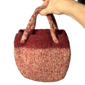 Brown Red Wool Bag Furry Boho Small Colorblock Pouch Twee Felted Purse Handbag